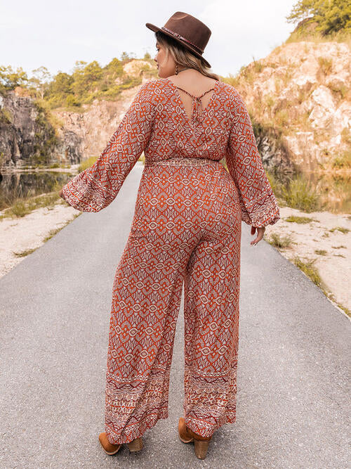 Plus+ Printed V-Neck Tie Front Balloon Sleeve Jumpsuit