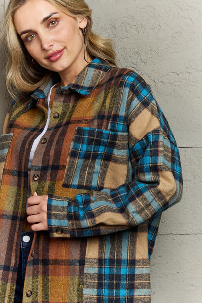 Double Take Plaid Curved Hem Shirt Jacket with Pockets