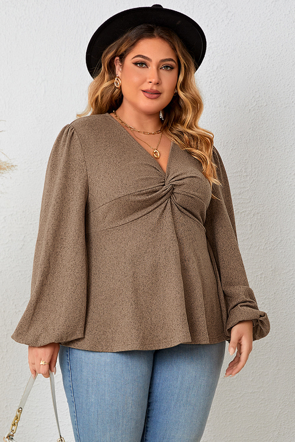 Gem Plus+ Twist Front Balloon Sleeve Blouse