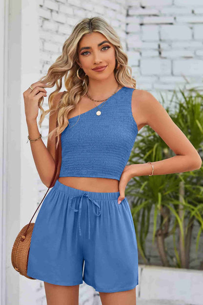 Smocked One-Shoulder Sleeveless Top and Shorts Set Trendsi