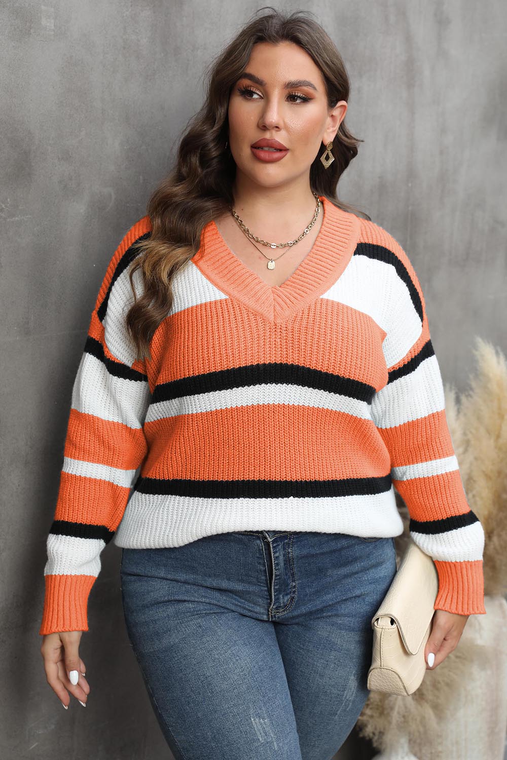 Plus+ Striped V-Neck Dropped Shoulder Sweater