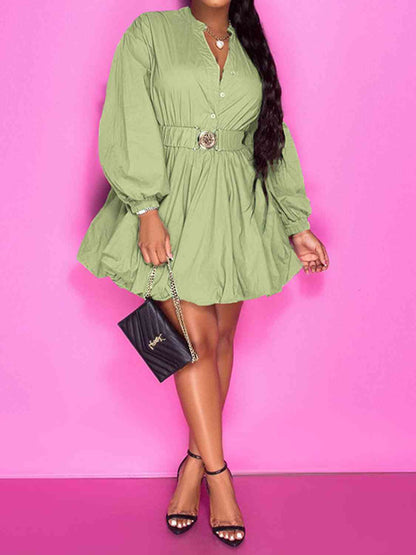 Notched Button Up Balloon Sleeve Dress