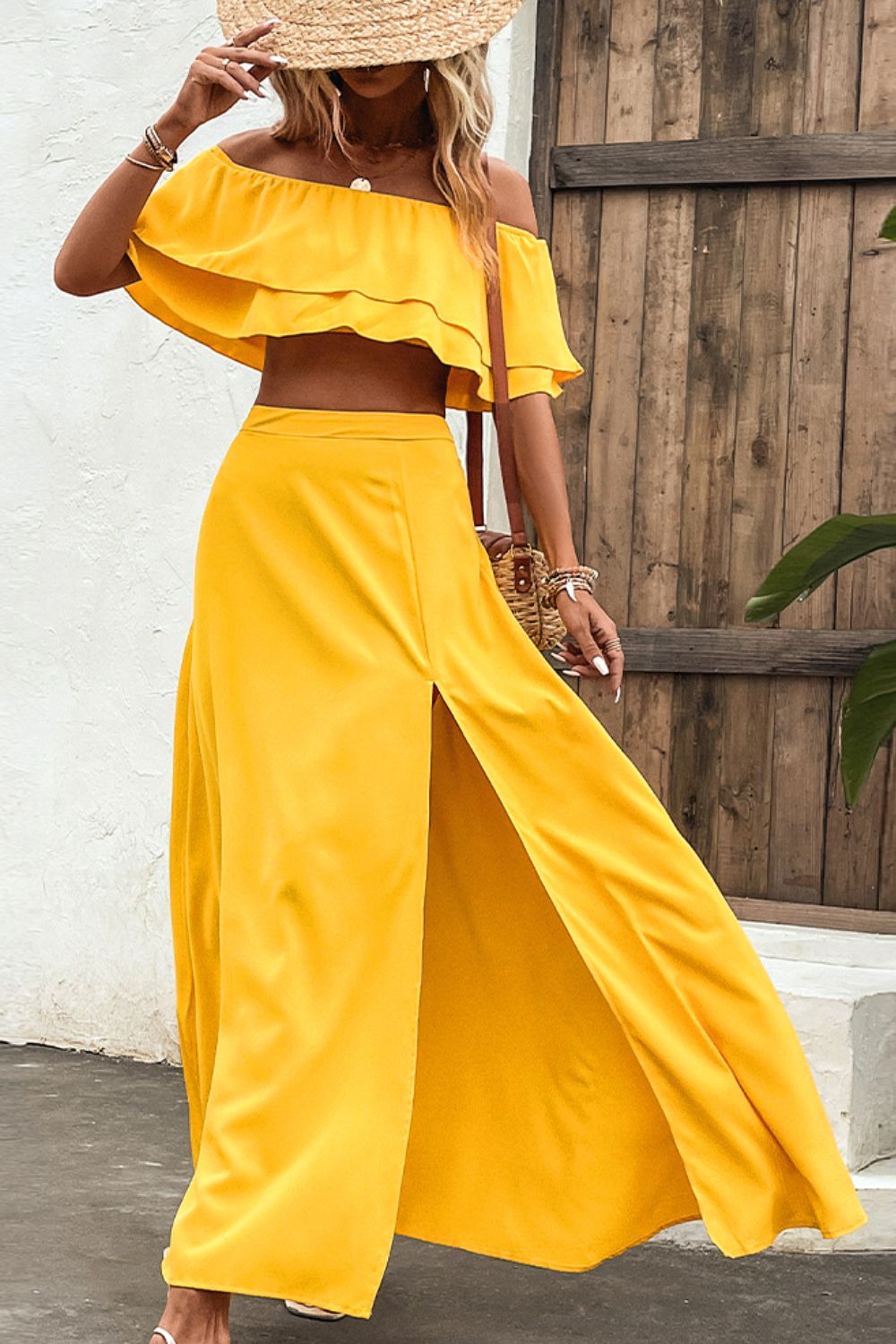 Layered Crop Top and Split Maxi Skirt Set Trendsi