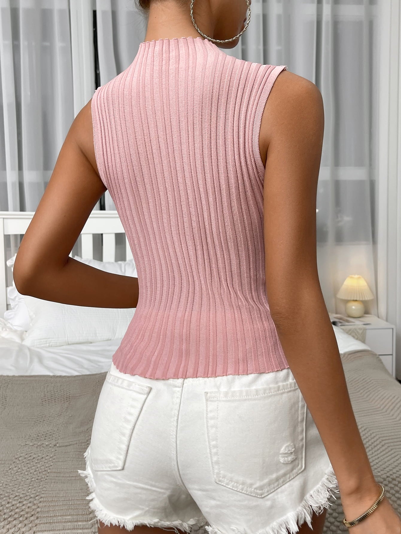 Mock Neck Ribbed Knit Tank Trendsi