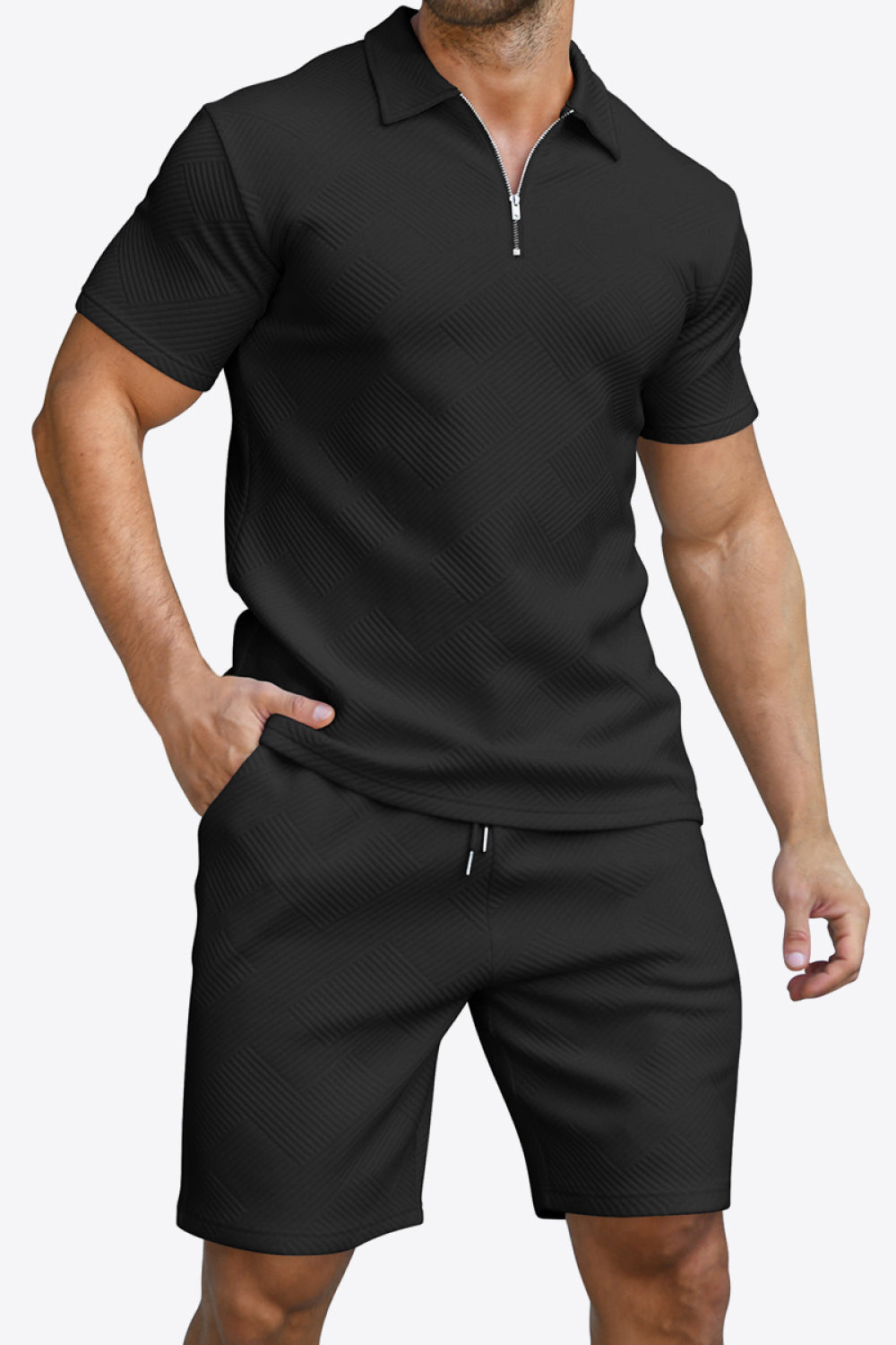 Men's Quarter-Zip Collared Short Sleeve Top and Shorts Set Trendsi