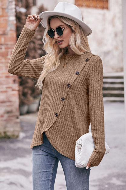 Double Take Ribbed Round Neck Buttoned Long Sleeve Tee