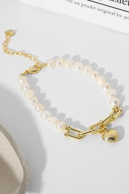 14K Gold Plated Heart Charm Pearl Bracelet Trendsi