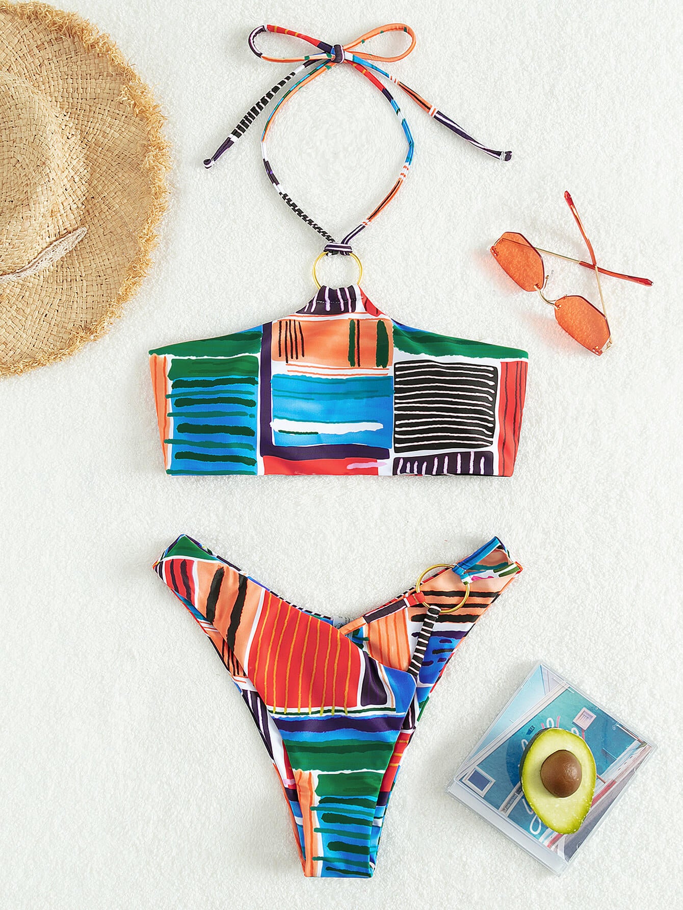 Multicolored Striped Halter Neck Bikini Set Trendsi