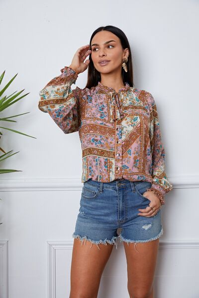 Printed Tie Neck Button Up Long Sleeve Blouse