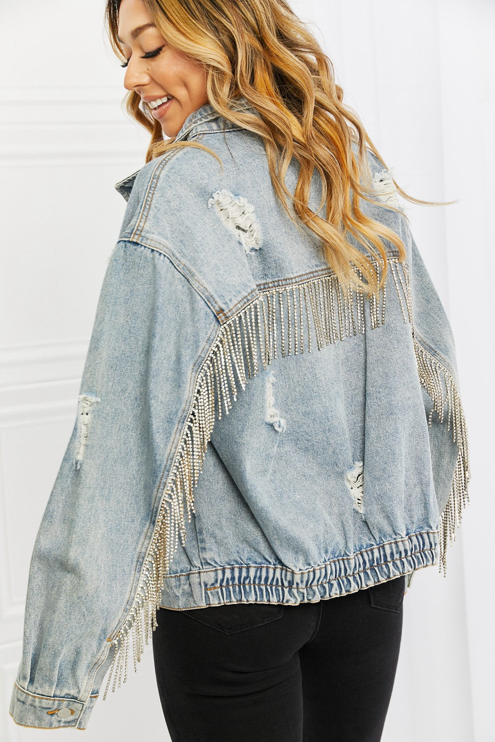 Time To Shine Twill Denim Fringe Jacket Trendsi