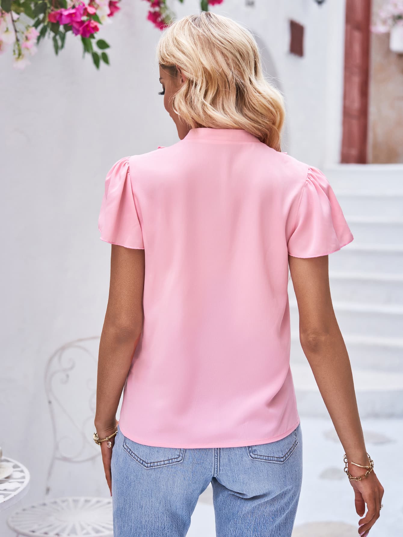 Tie Neck Frill Trim Puff Sleeve Top Trendsi