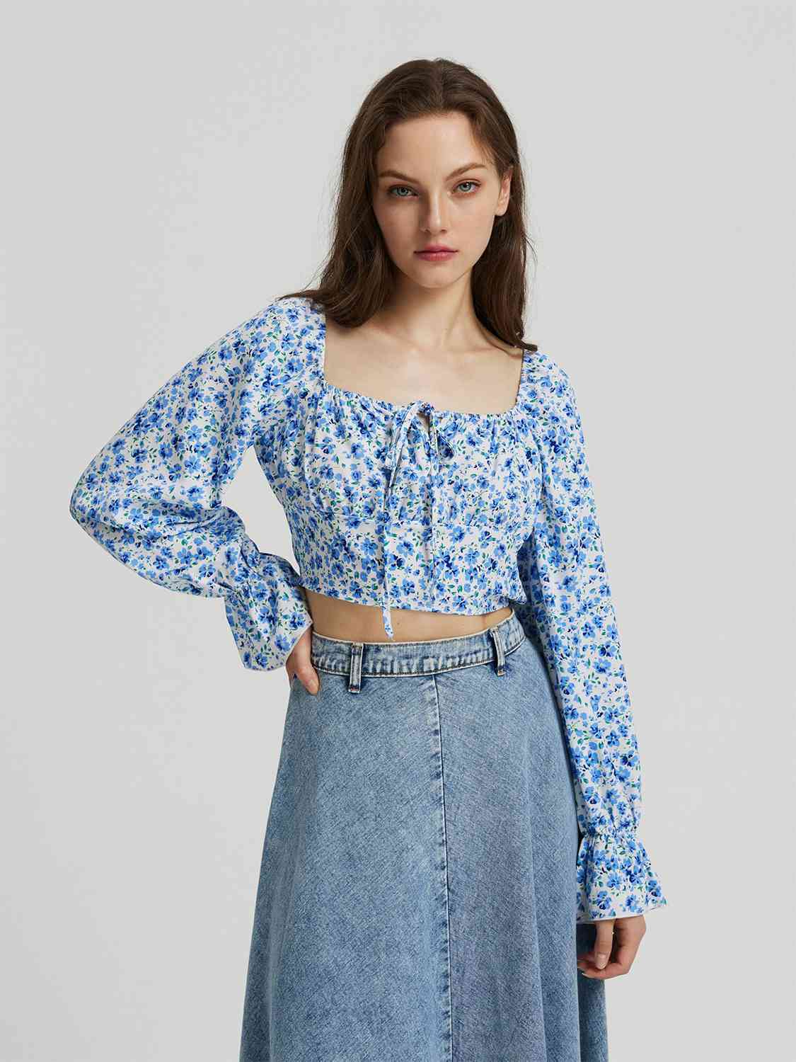 Floral Tie Front Square Neck Flounce Sleeve Blouse