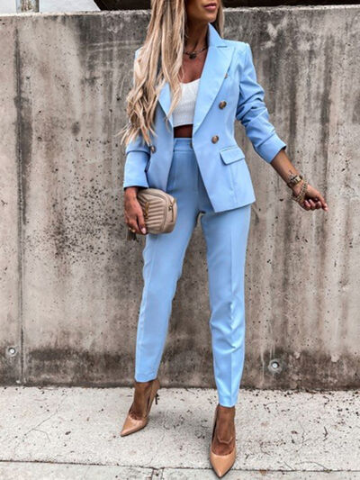 Lapel Collar Long Sleeve Blazer and Pants Set