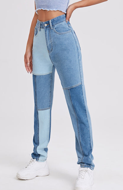 High Waist Colorblock Design Straight Leg Jeans kakaclo