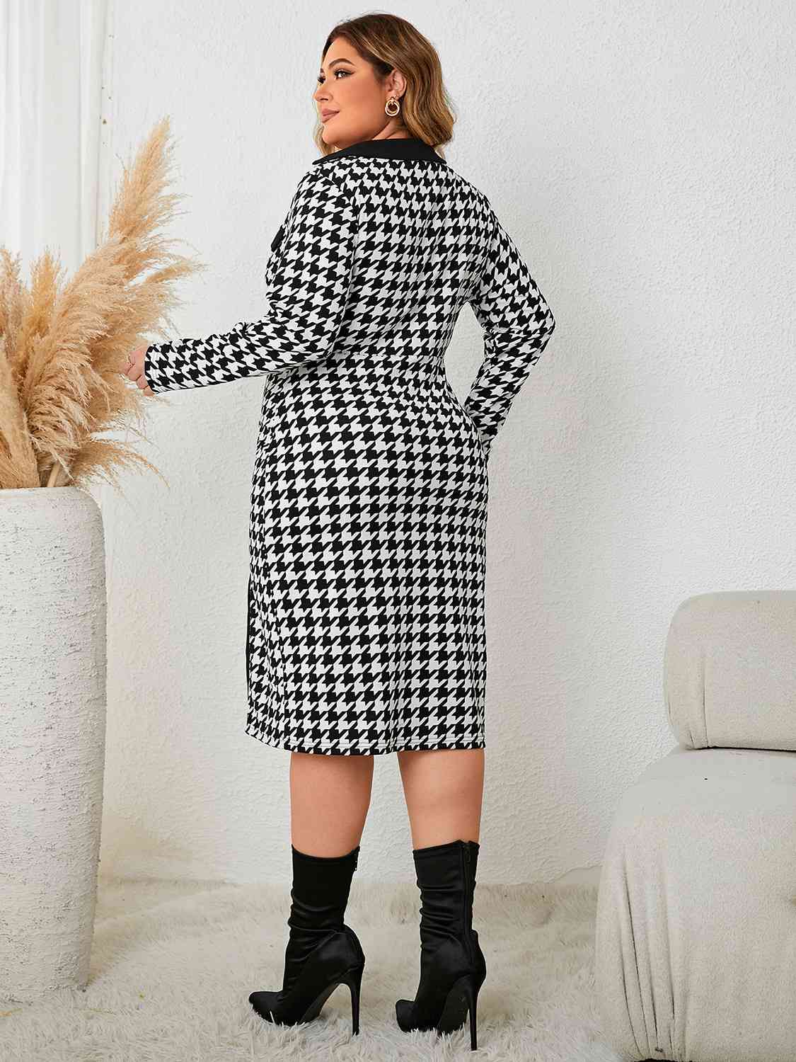 Plus+ Houndstooth Long Sleeve Slit Dress