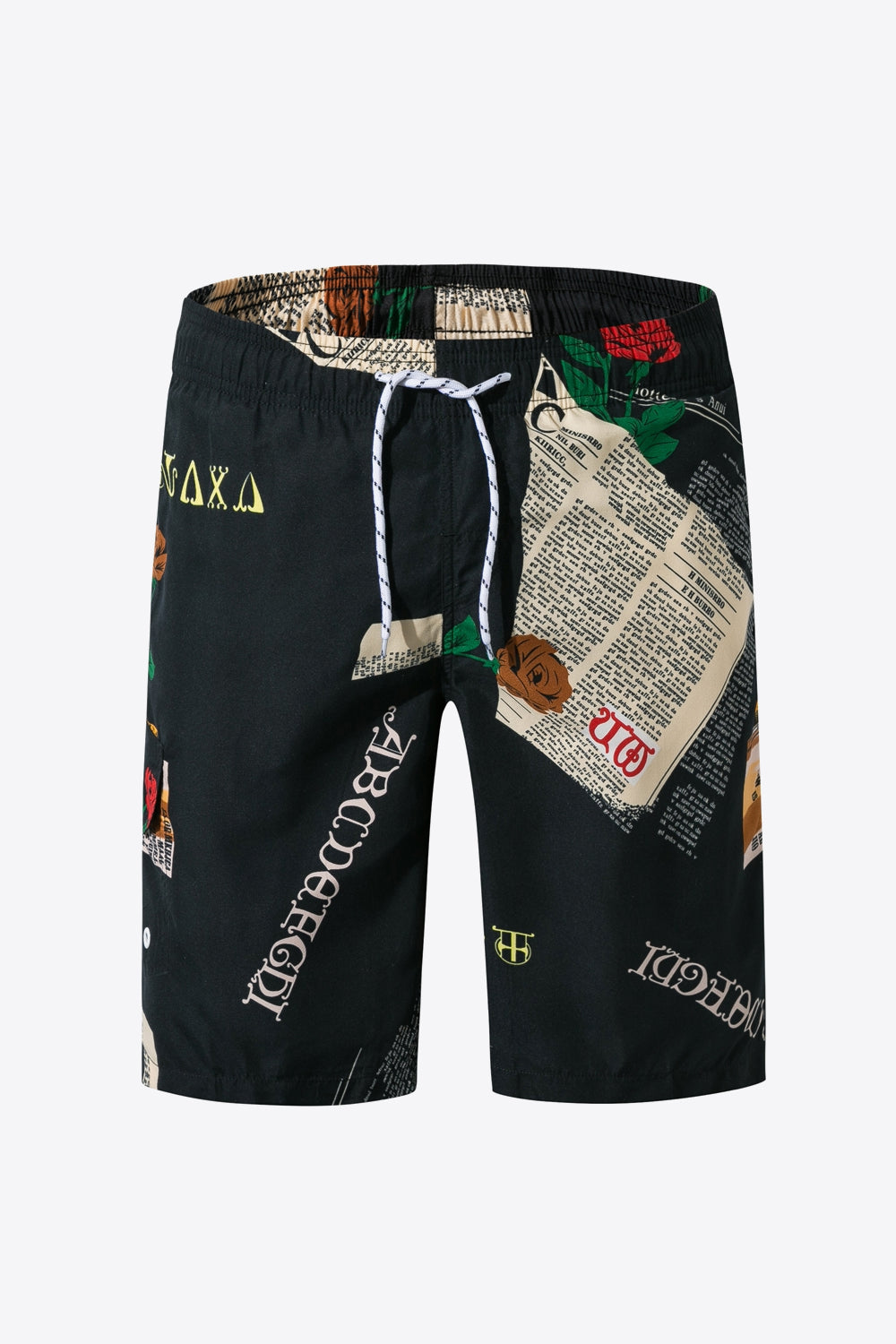 Men's Newspaper Print Drawstring Waist Swim Trunks Trendsi