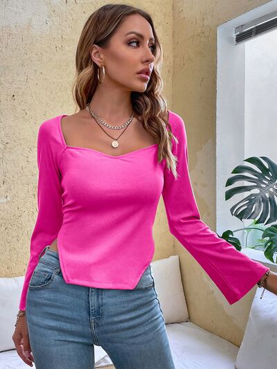 Slit Sweetheart Neck Flare Sleeve Shirt