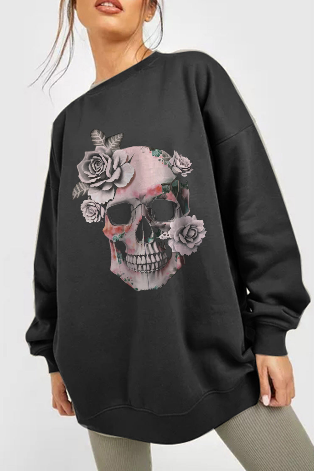 Simply Love Dropped Shoulder SKULL Graphic Sweatshirt