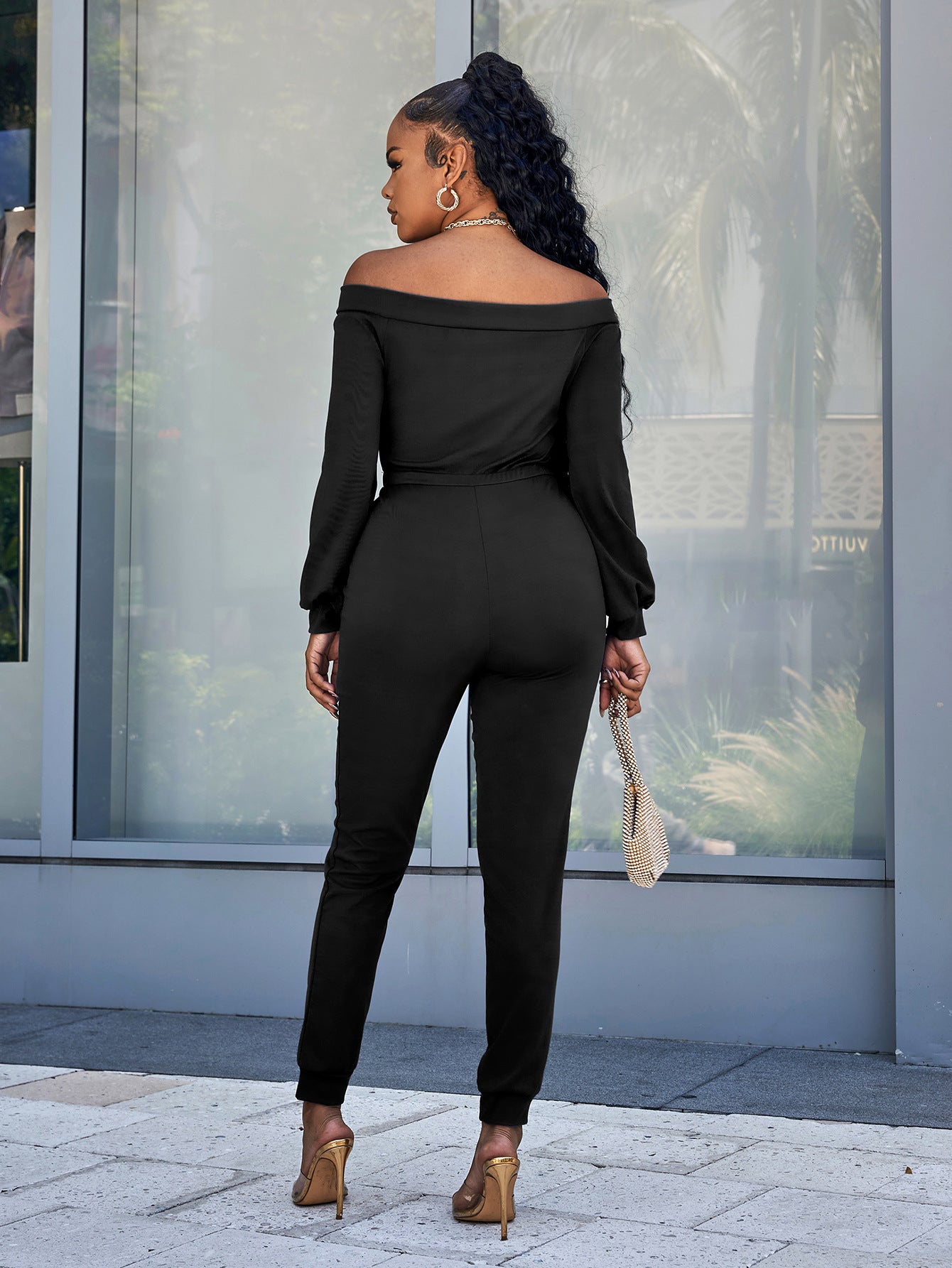 Lace-Up Off-Shoulder Long Sleeve Jumpsuit Trendsi