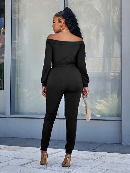 Lace-Up Off-Shoulder Long Sleeve Jumpsuit Trendsi