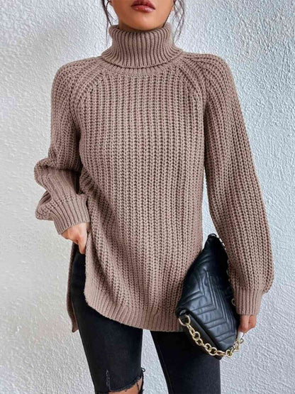 Turtleneck Rib-Knit Slit Sweater