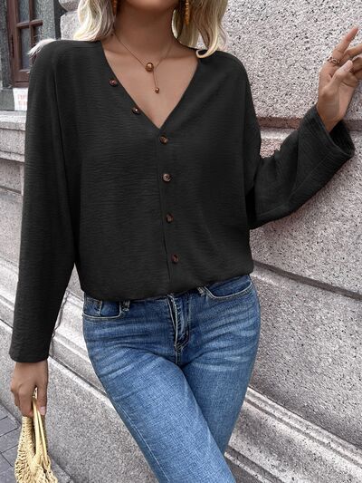 Button Up V-Neck Long Sleeve Shirt