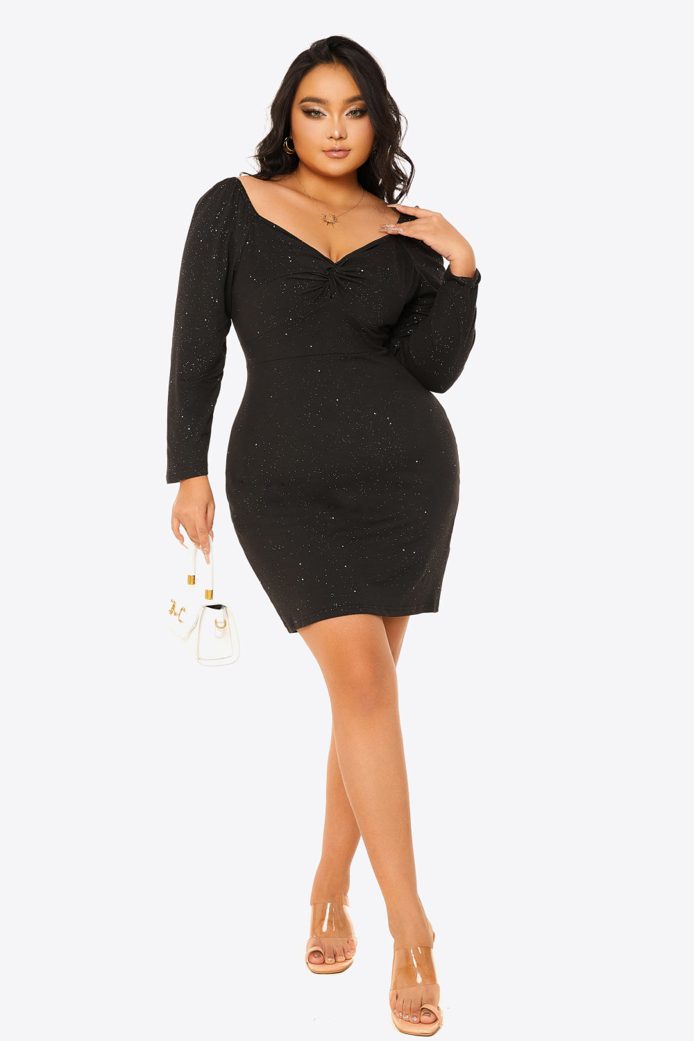 Gem Size Glitter Sweetheart Neck Long Sleeve Dress Trendsi