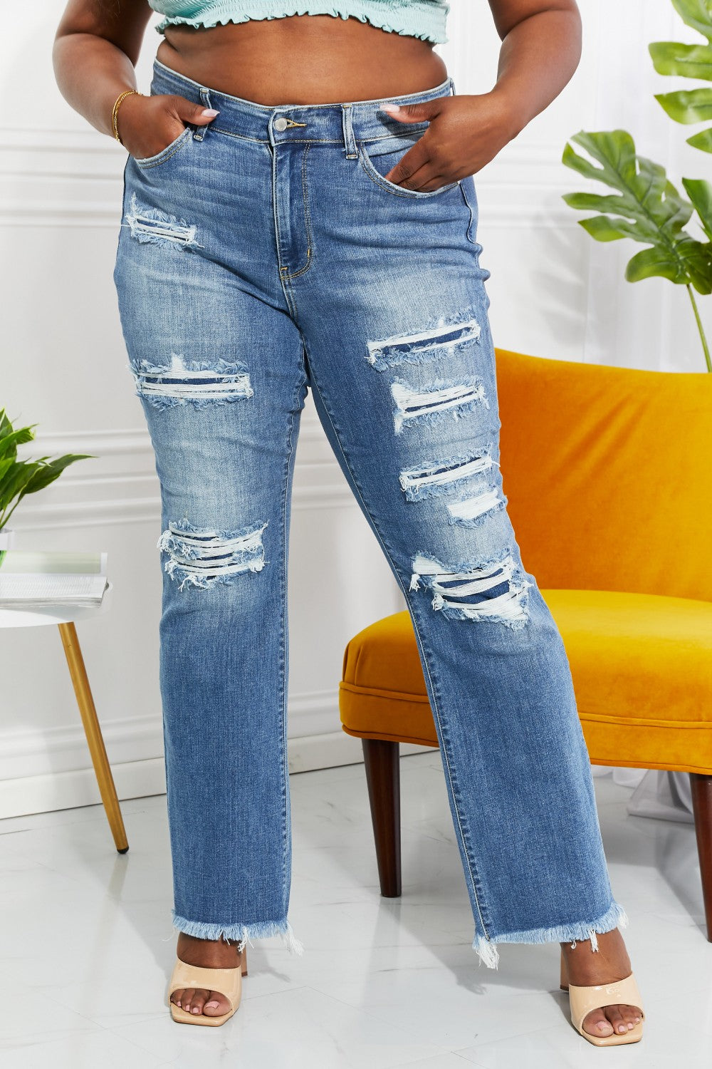 Gem Size High Waisted Patched Bootcut Jeans Trendsi