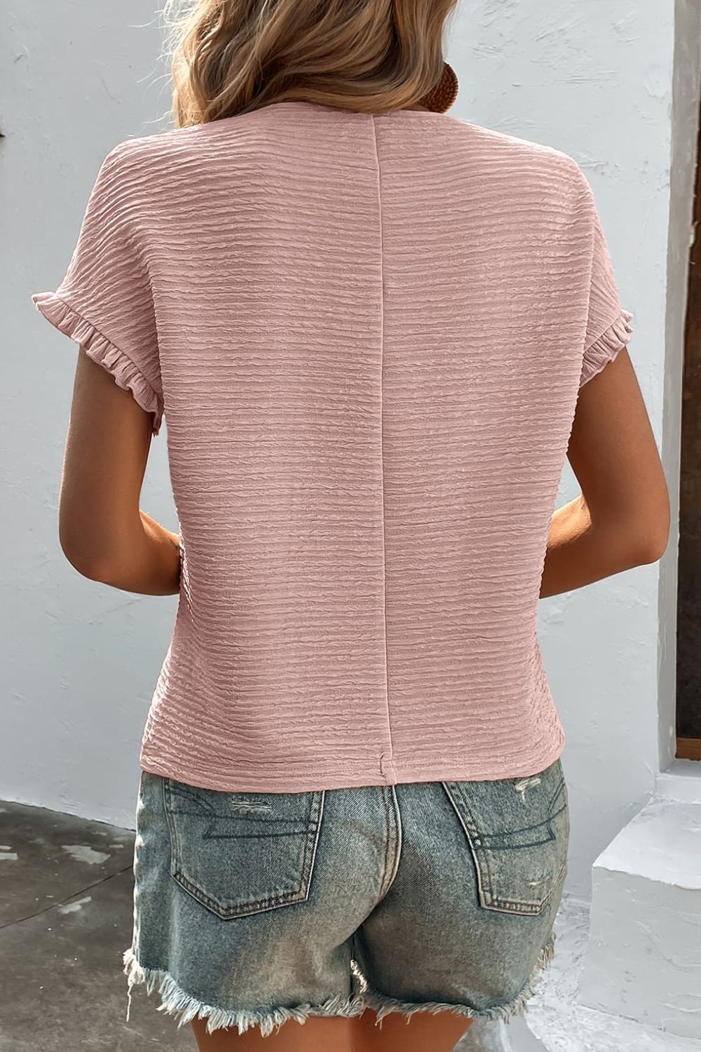 Textured Round Neck Short Sleeve Top Trendsi