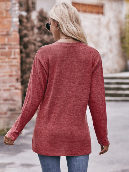 Double Take Buttoned Notched Neck Long Sleeve Top