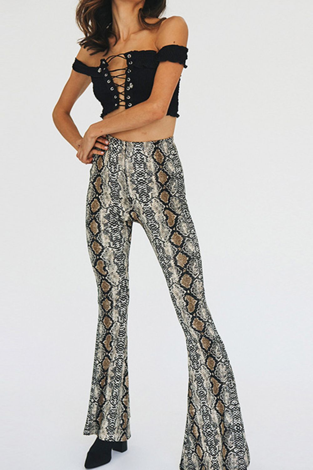 Snakeskin Print Flare Pants Trendsi