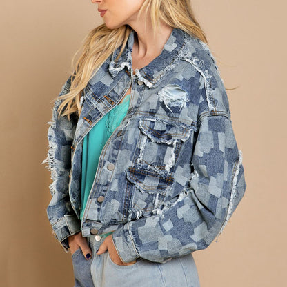 Plaid Raw Hem Dropped Shoulder Denim Jacket