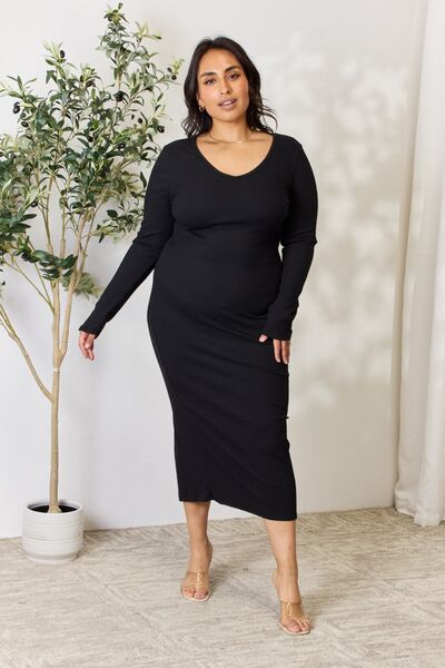 Culture Code Full Size Ribbed Long Sleeve Midi Slit Dress