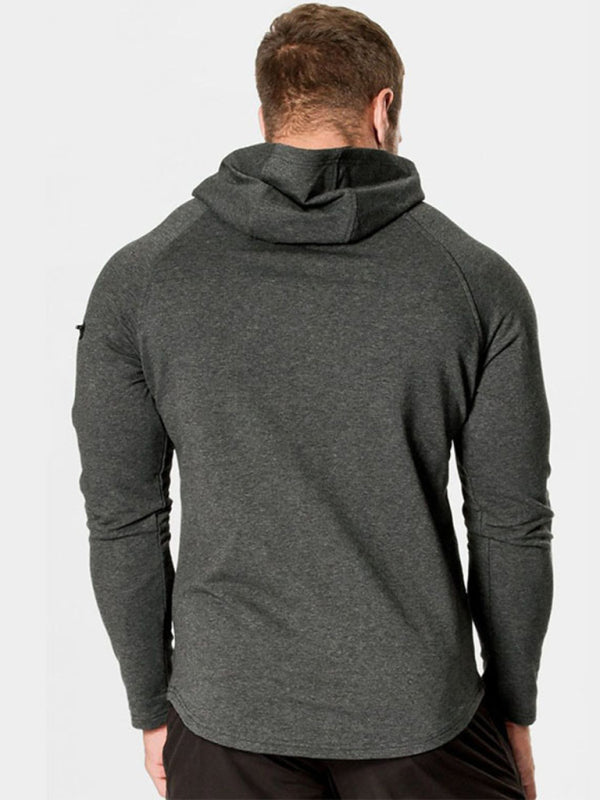 Men's Neck Shoulder Zippered Large Pocket Long Sleeve Hooded Sweatshirt kakaclo