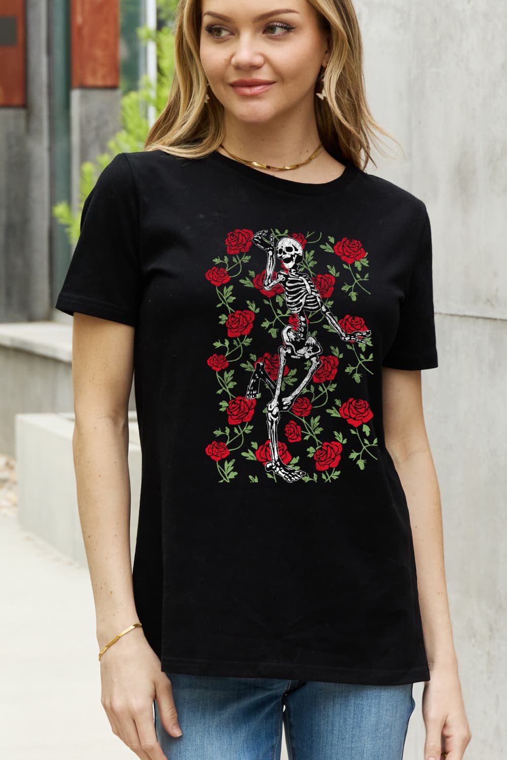 Simply Love Skeleton & Rose Graphic Cotton Tee