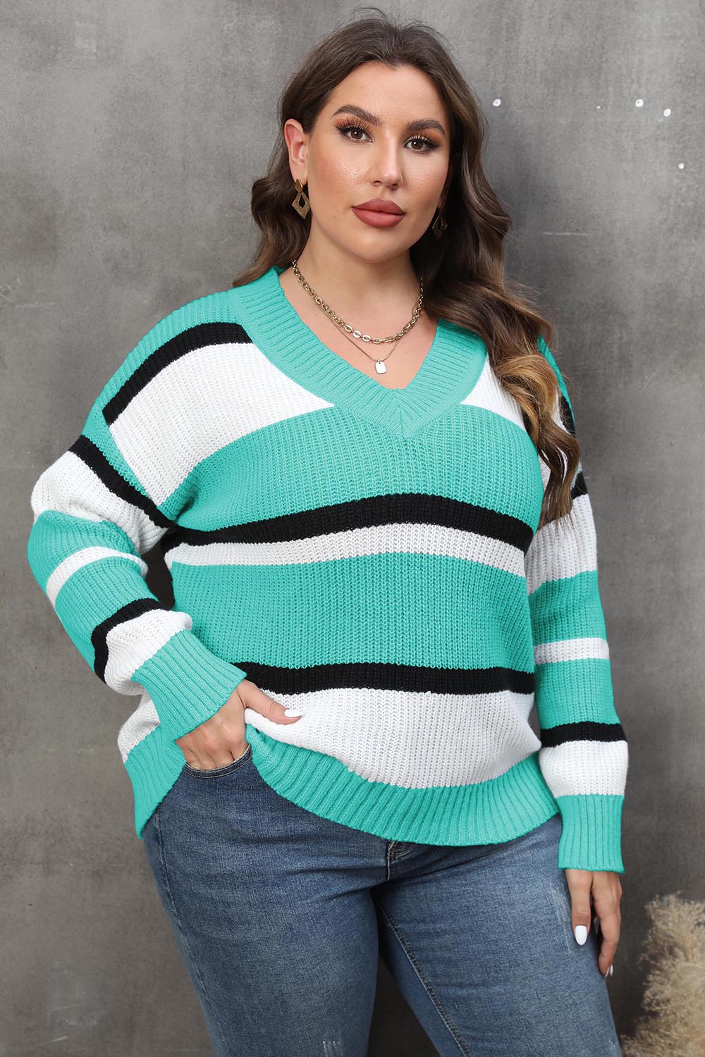 Plus+ Striped V-Neck Dropped Shoulder Sweater