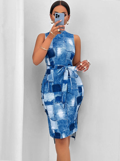 Patchwork Tie Waist Sleeveless Dress