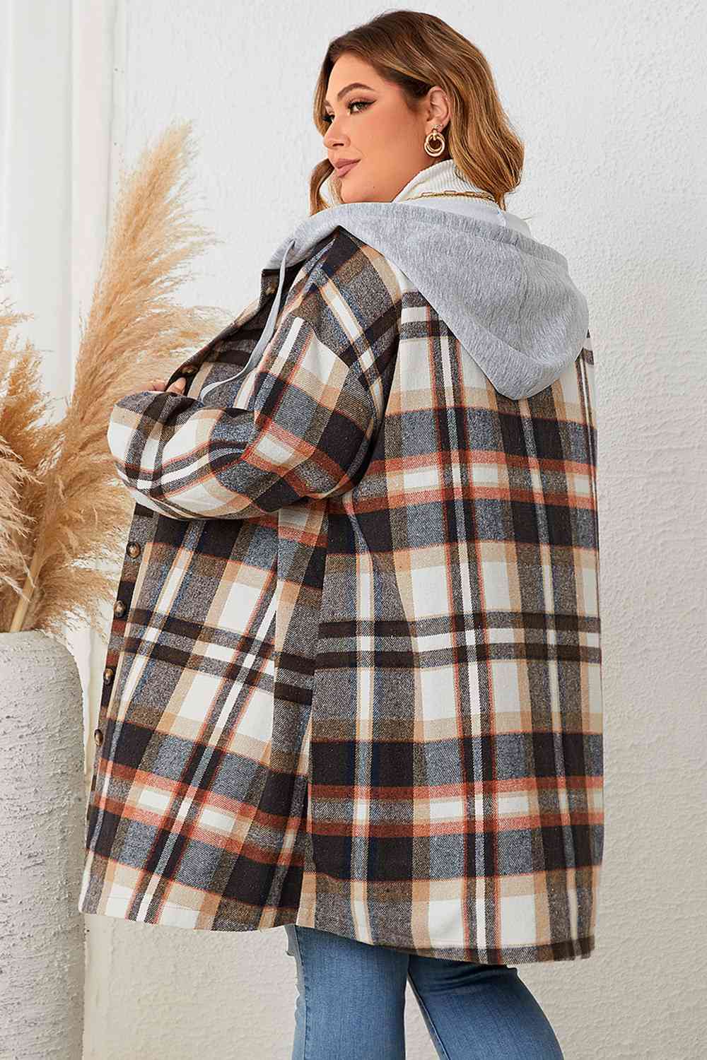 Plus+ Plaid Drop Shoulder Hooded Coat