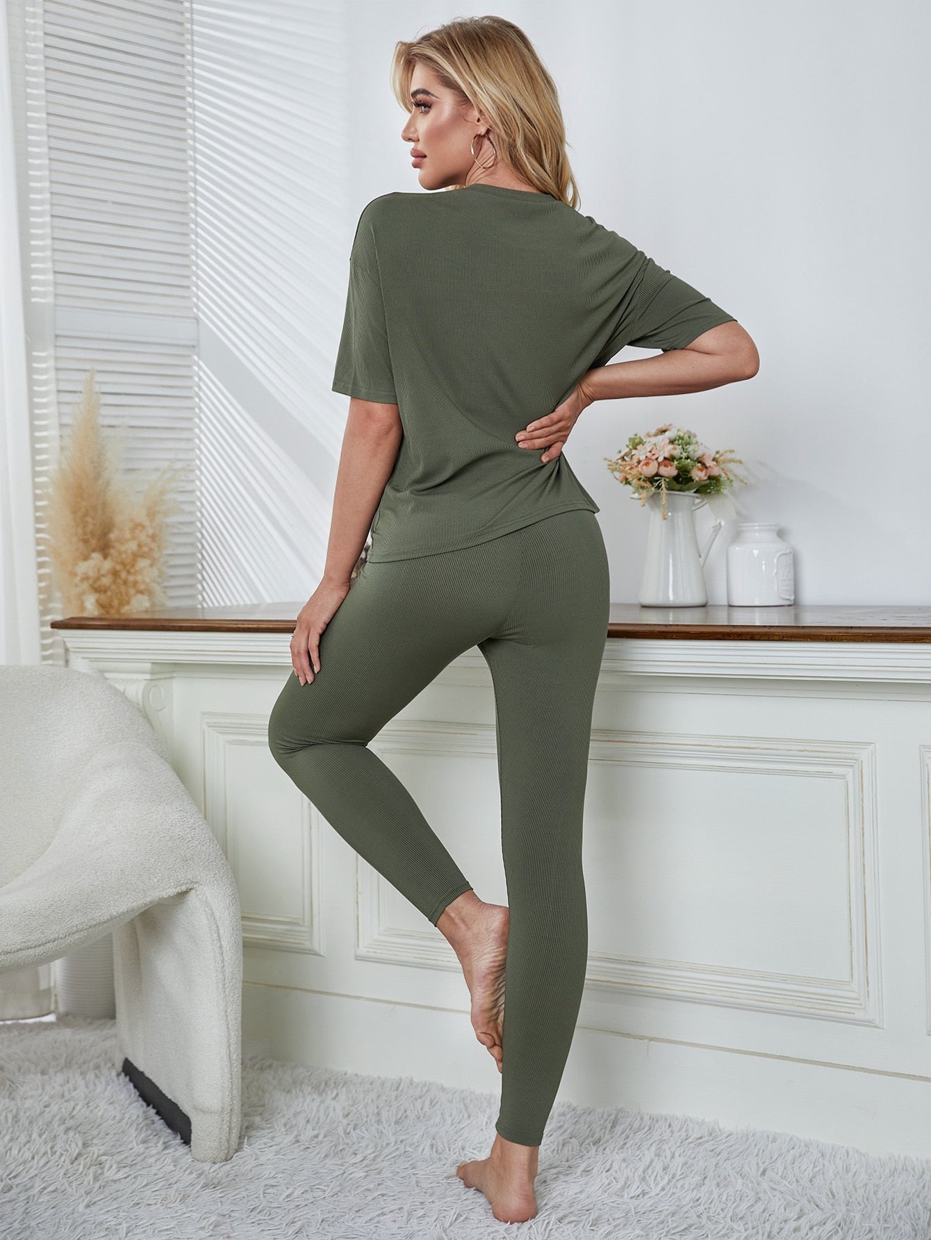 Round Neck Top and Leggings Lounge Set Trendsi