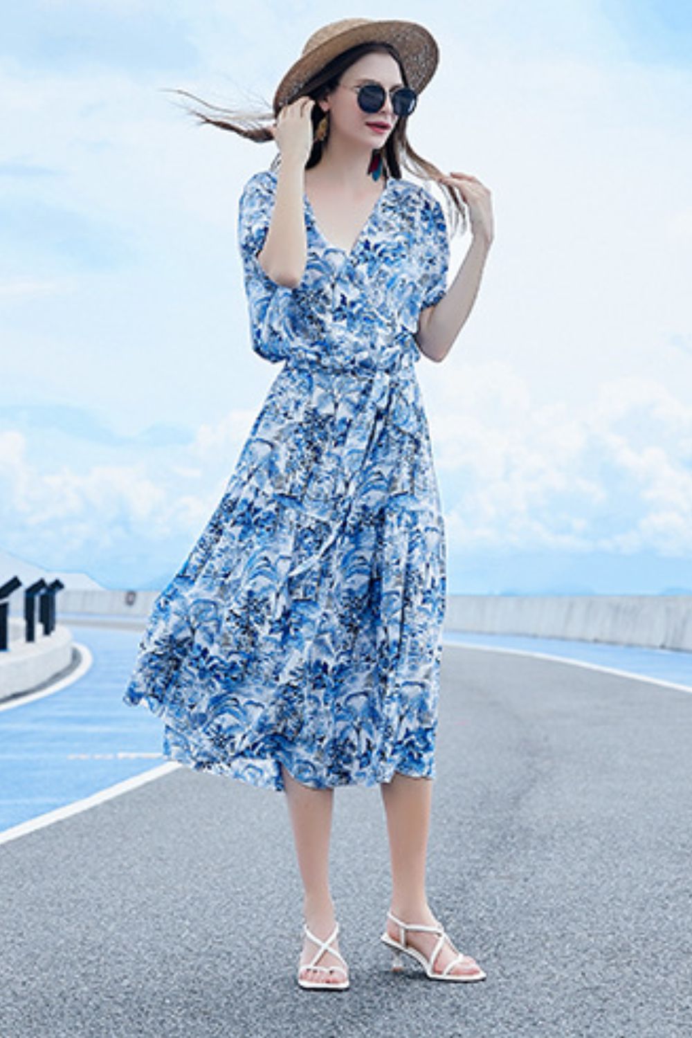 Belted Surplice Short Sleeve Midi Dress