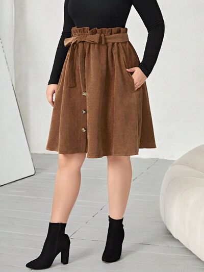 Plus+ Tied Decorative Button Paperbag Waist Skirt