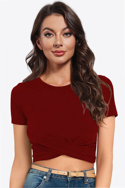 Round Neck Short Sleeve Crisscross Tee Trendsi