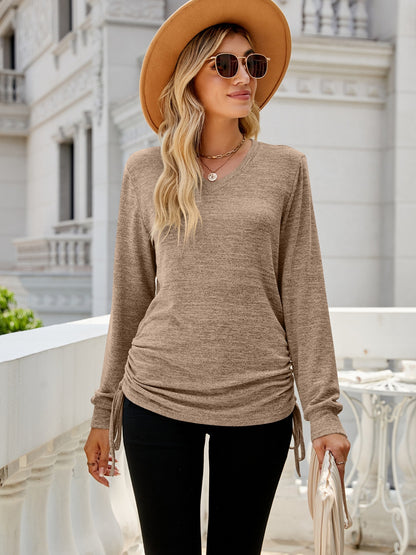 Drawstring V-Neck Long Sleeve T-Shirt