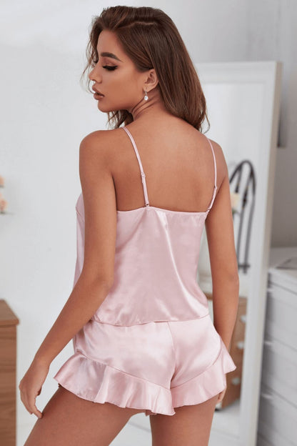 Satin Cami Ruffle Hem Shorts Pajama Set