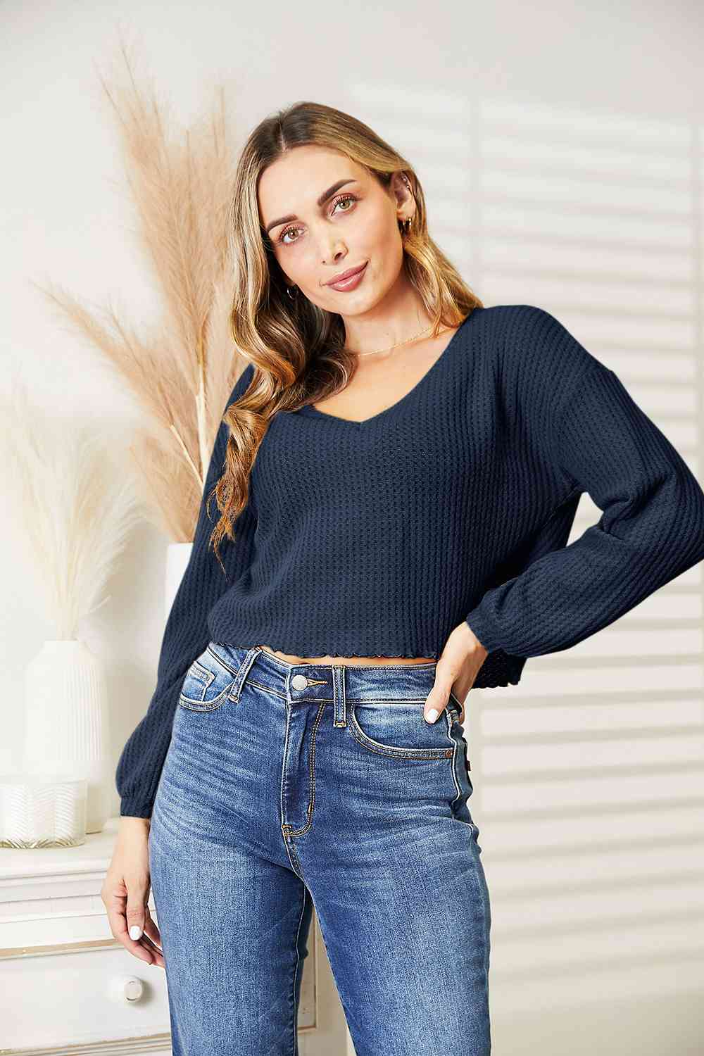 Waffle-Knit V-Neck Blouse