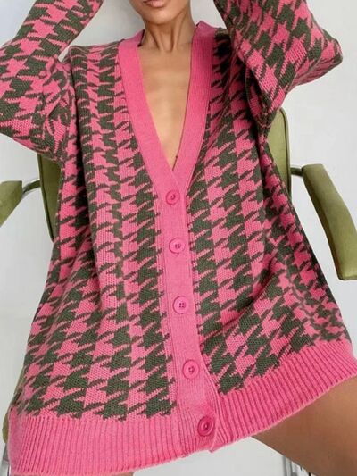 Houndstooth Button Up Long Sleeve Cardigan