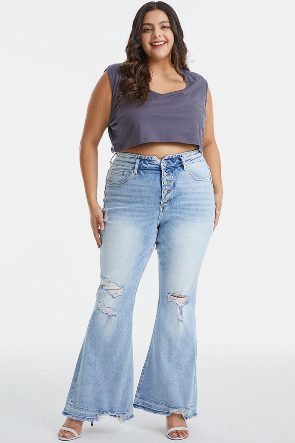 BAYEAS Distressed Raw Hem High Waist Flare Jeans