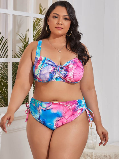 Gem Plus Printed Drawstring Detail Bikini Set Trendsi