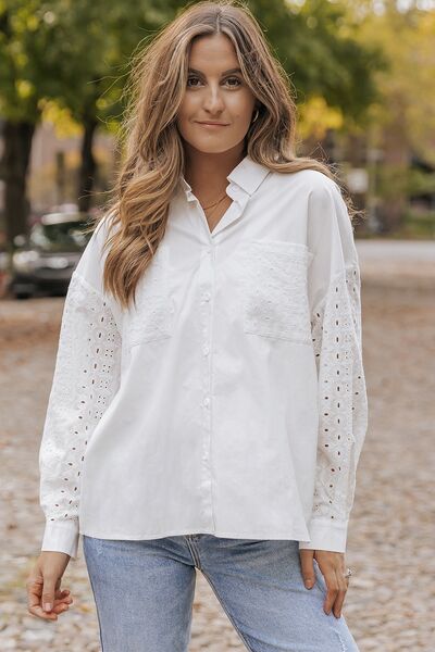 Openwork Button Up Pocketed Shirt