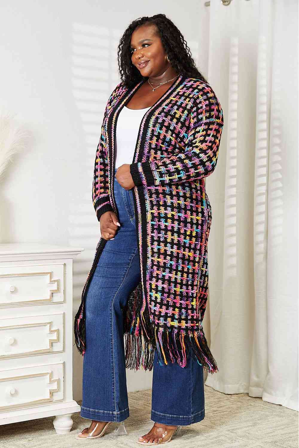 Double Take Multicolored Open Front Fringe Hem Cardigan